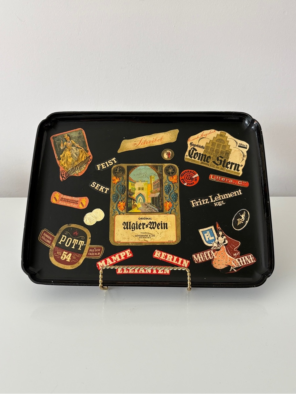 Vintage Barware Tray German Liquor and  Wine Advertising Labels Mid Century Bar